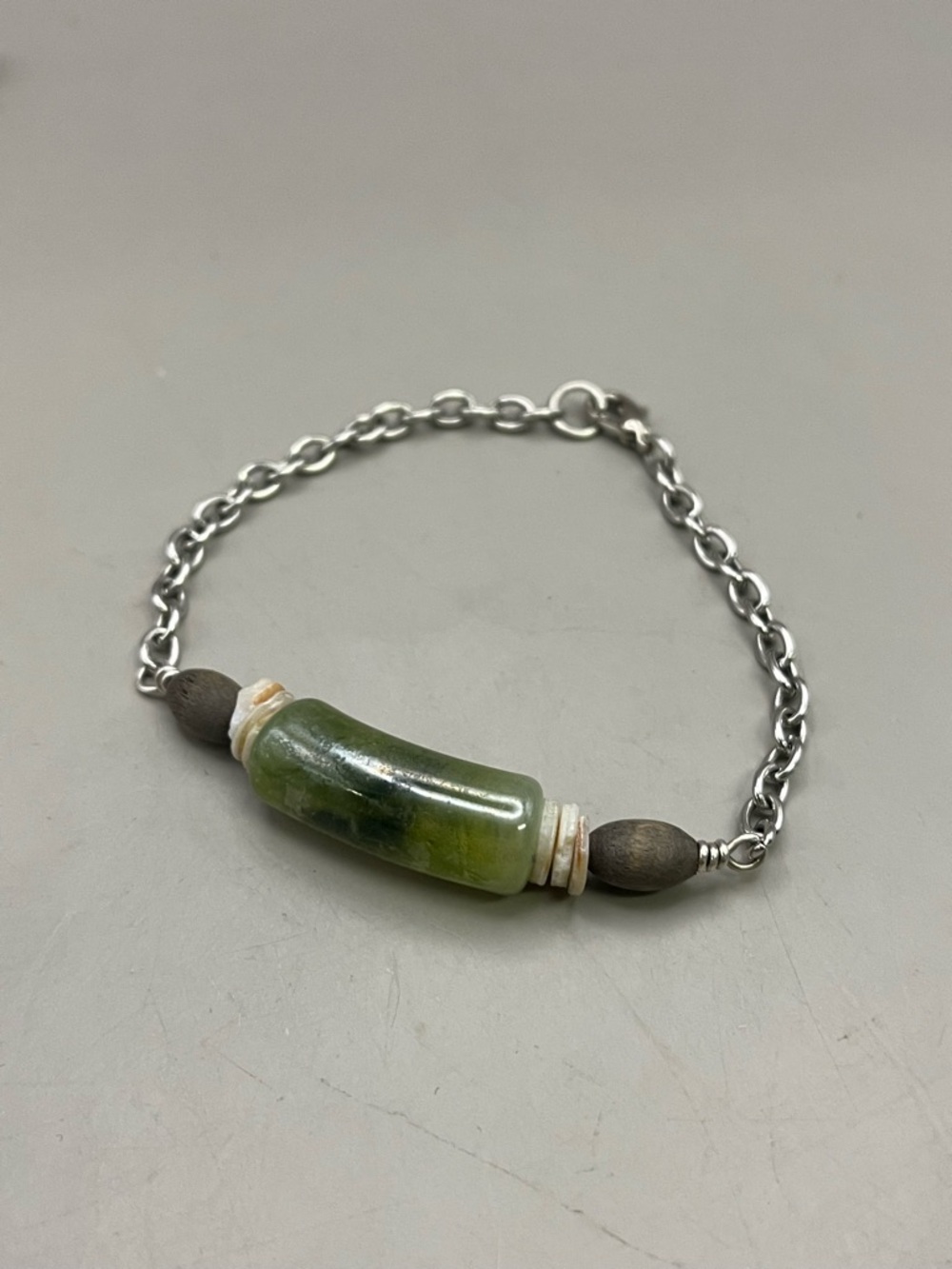 Handmade Green Stone Bar Bracelet | Silver Tone Chain Coastal Boho Jewelry